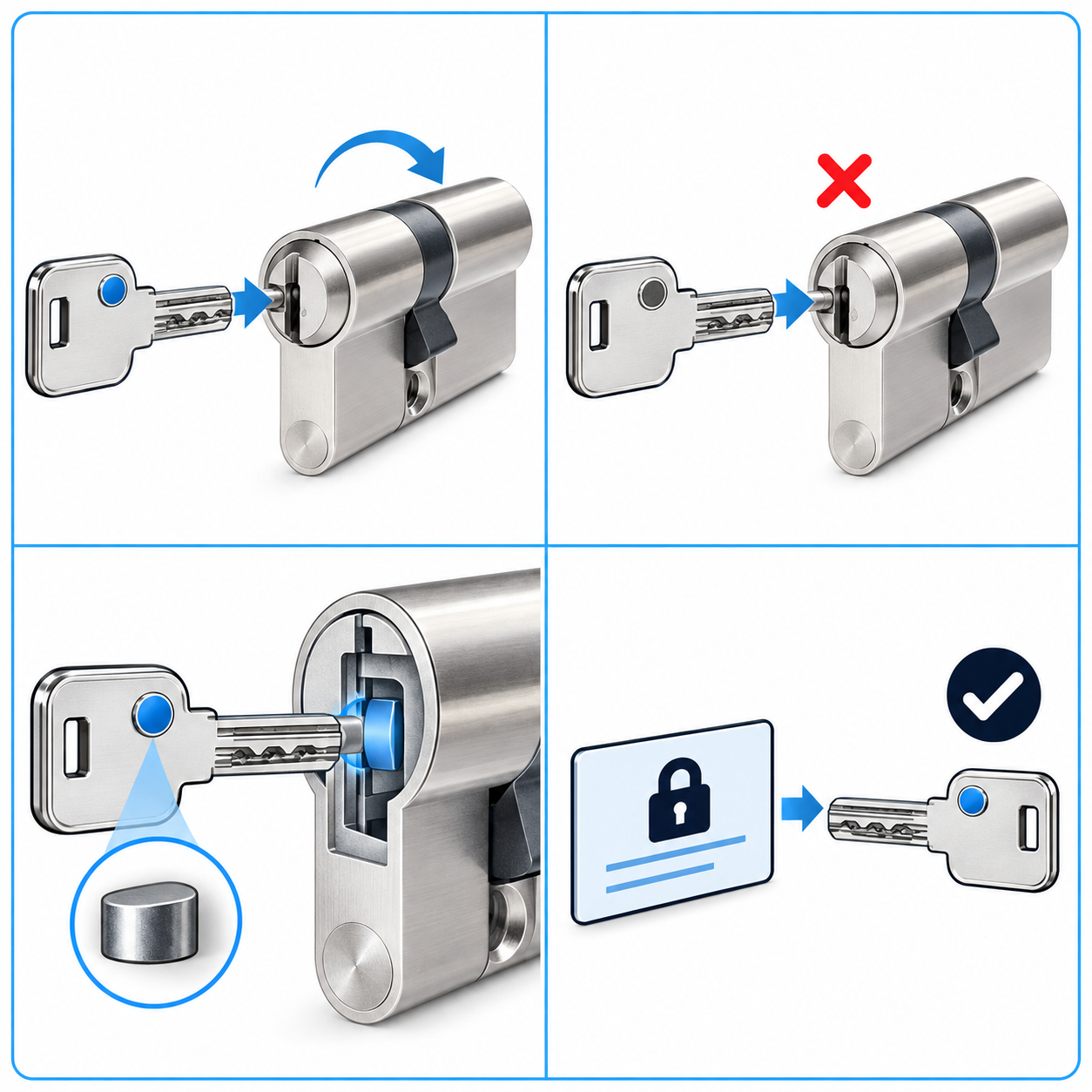 Cuatro escenas sobre ABUS Magnet: La llave original sí abre; Una copia corriente no basta; La diferencia está dentro; Tú autorizas las llaves nuevas