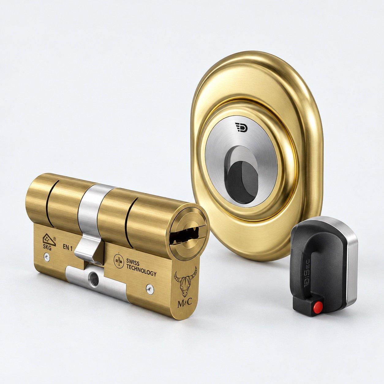 Composición de estudio del bombín M&C Move y el escudo DiSec MR500 con su llave magnética